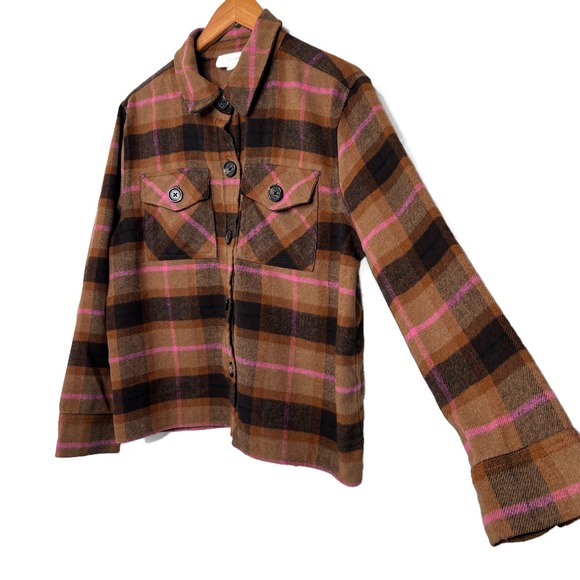BB Dakota Steve Madden Plaid Shacket Jacket Women Size L Brown Pink Button Front - Picture 4 of 16